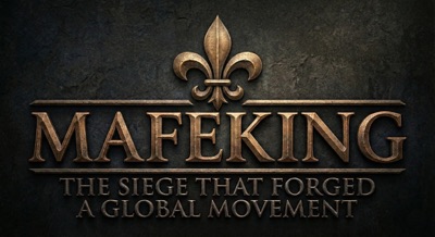 Logo del film Mafeking: il titolo inciso in bronzo sotto un giglio scout